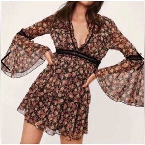 Nasty Gal I'll Be Bouquet Black Floral Bell Sleeve Mini Dress